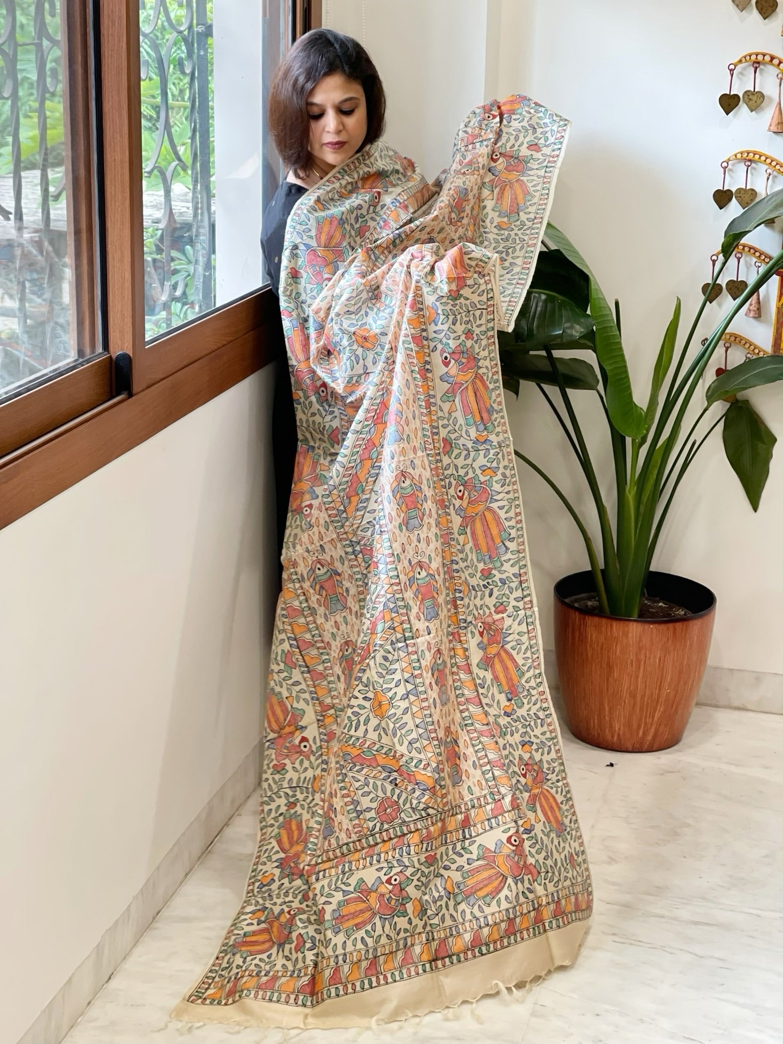 Handpainted Madhubani Dupatta in Pure Tussar Silk - Masakalee