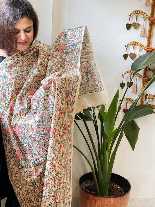 Handpainted Madhubani Dupatta in Pure Tussar Silk - Masakalee
