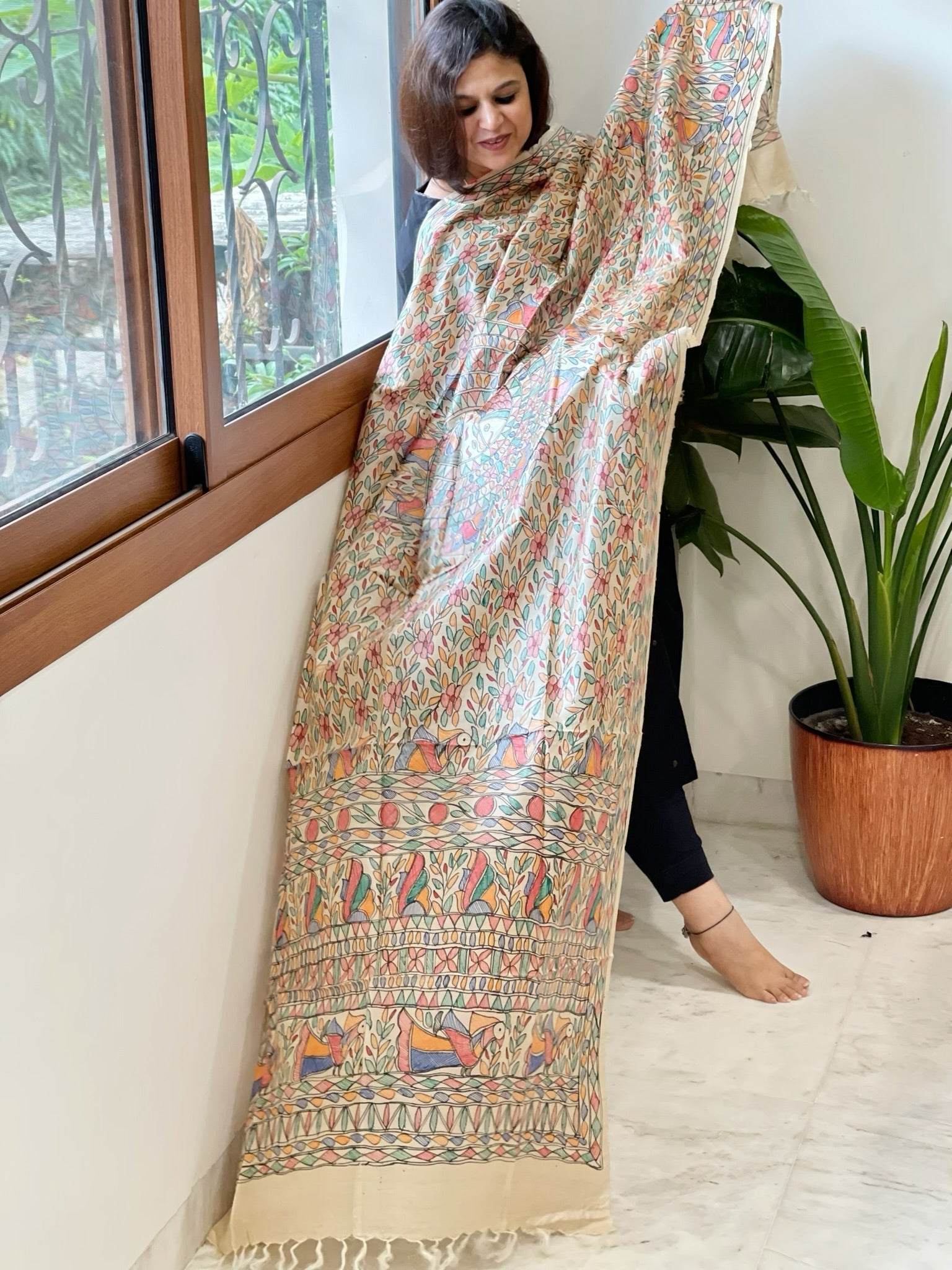 Handpainted Madhubani Dupatta in Pure Tussar Silk - Masakalee