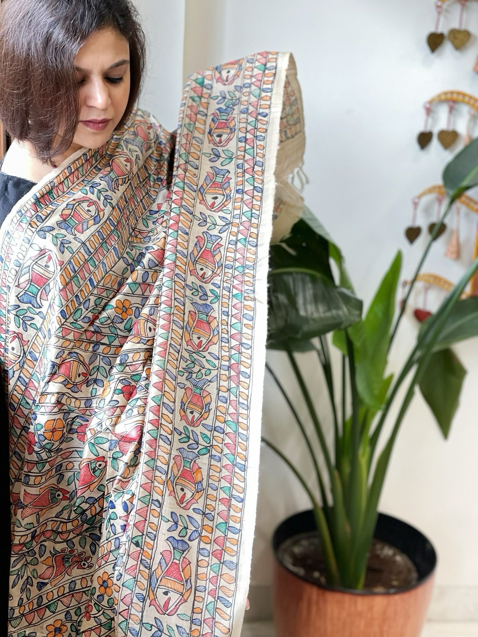 Handpainted Madhubani Dupatta in Pure Tussar Silk - Masakalee