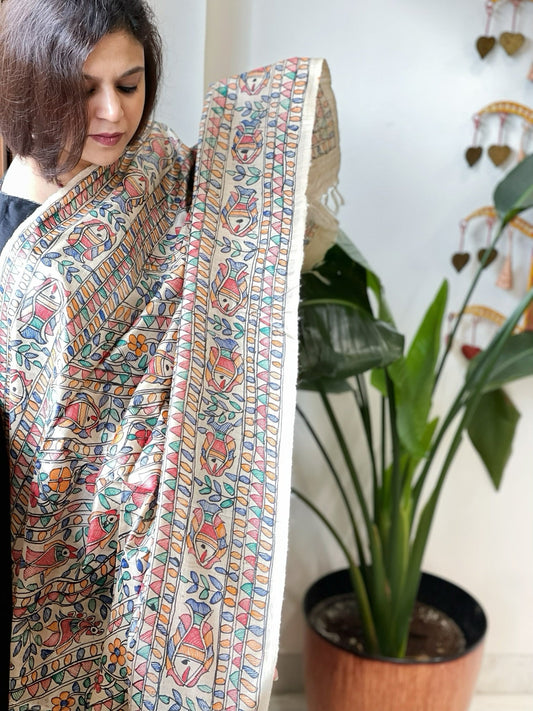 Handpainted Madhubani Dupatta in Pure Tussar Silk - Masakalee
