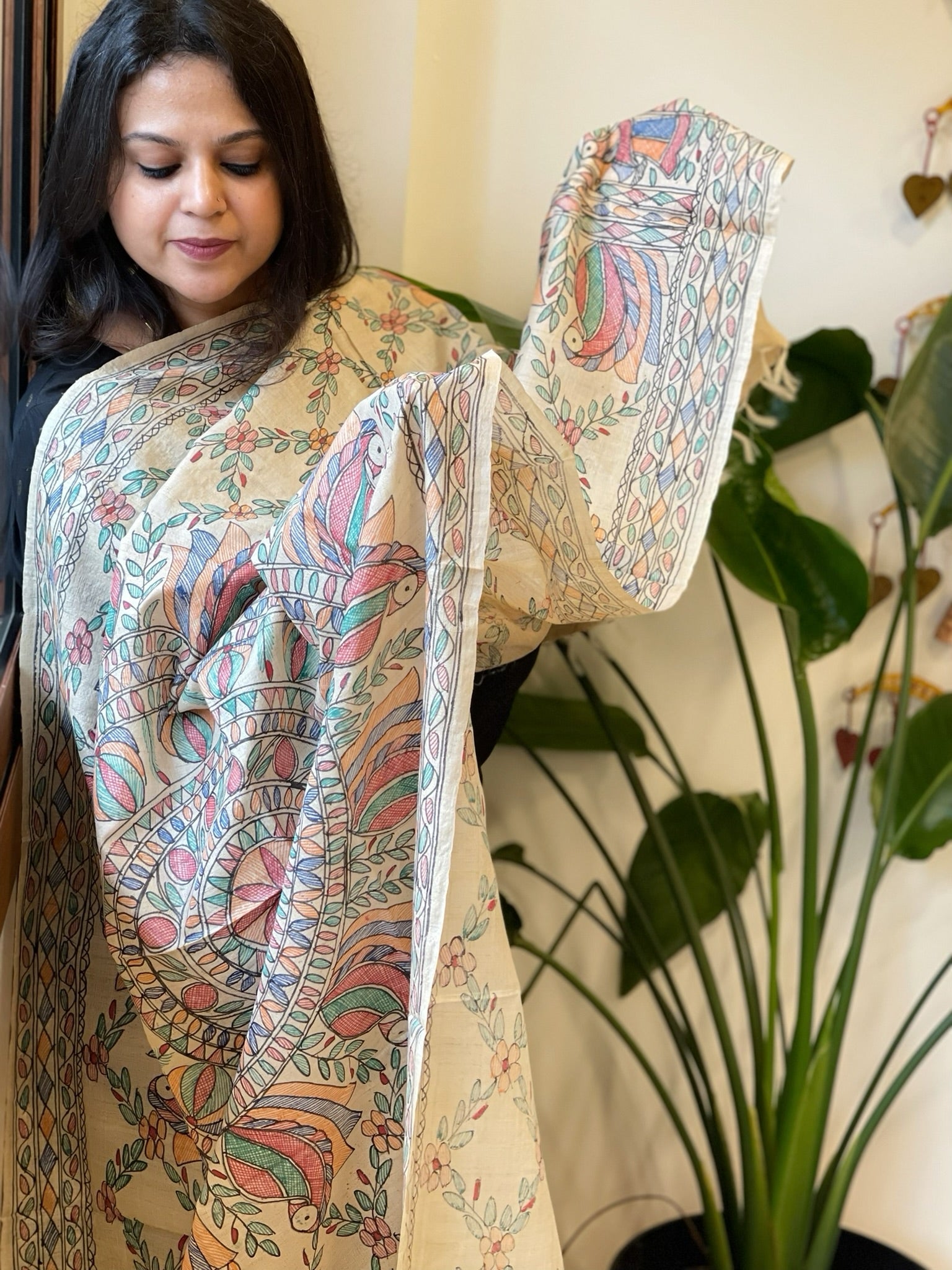 Handpainted Madhubani Dupatta in Pure Tussar Silk - Masakalee