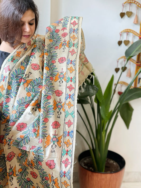 Handpainted Madhubani Dupatta in Pure Tussar Silk - Masakalee