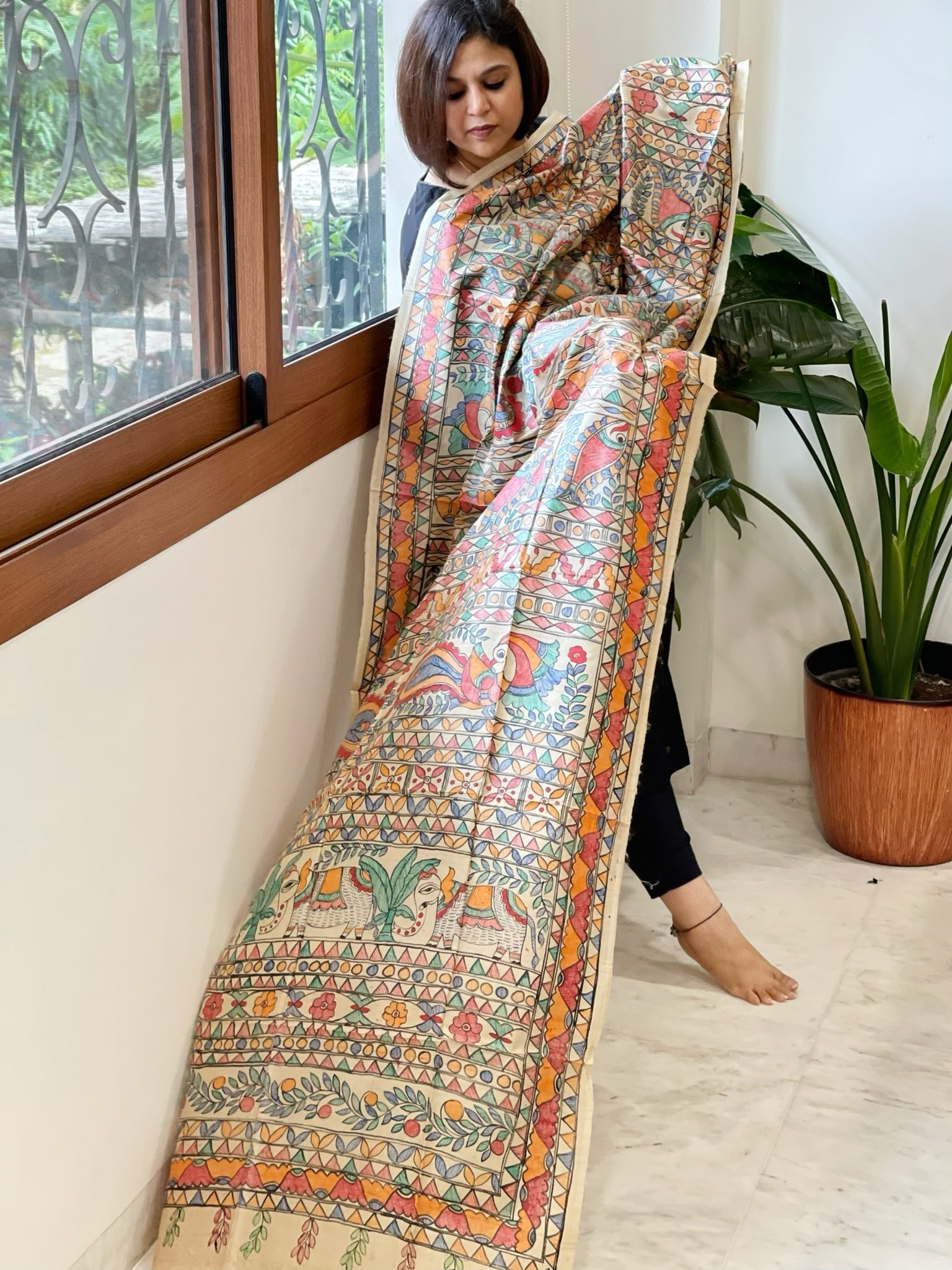 Handpainted Madhubani Dupatta in Pure Tussar Silk - Masakalee
