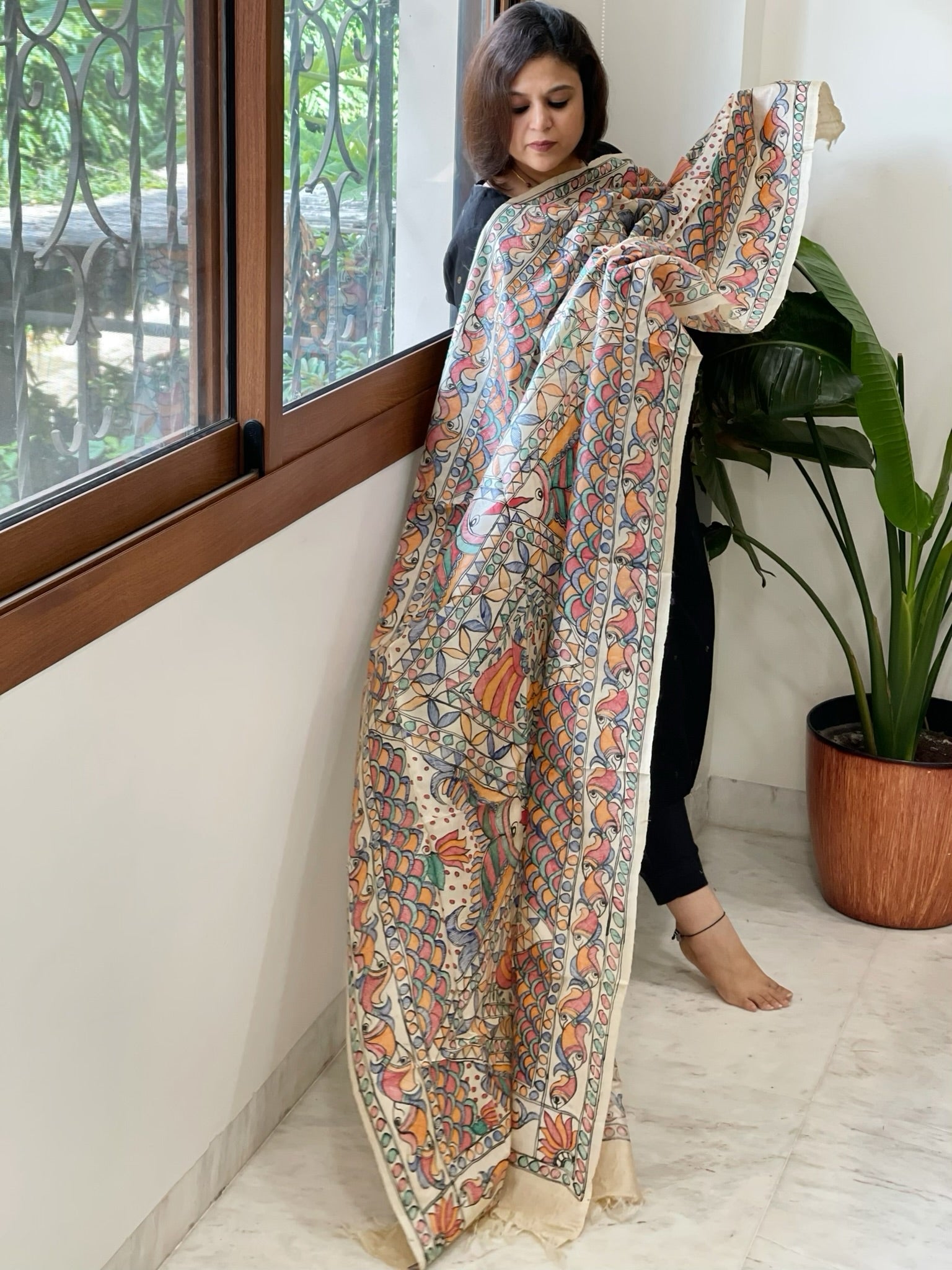 Handpainted Madhubani Dupatta in Pure Tussar Silk - Masakalee