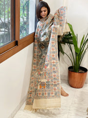 Handpainted Madhubani Dupatta in Pure Tussar Silk - Masakalee