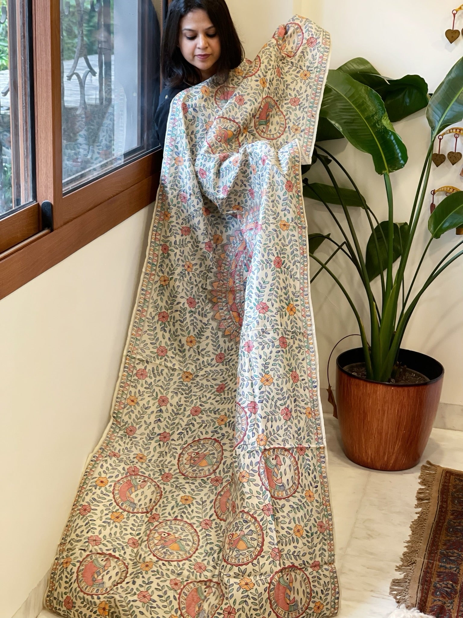 Handpainted Madhubani Dupatta in Pure Tussar Silk - Masakalee