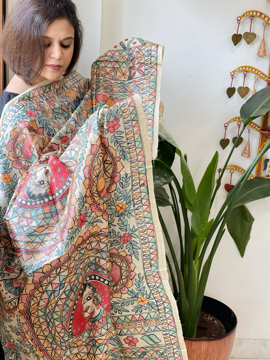 Handpainted Madhubani Dupatta in Pure Tussar Silk - Masakalee