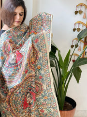 Handpainted Madhubani Dupatta in Pure Tussar Silk - Masakalee