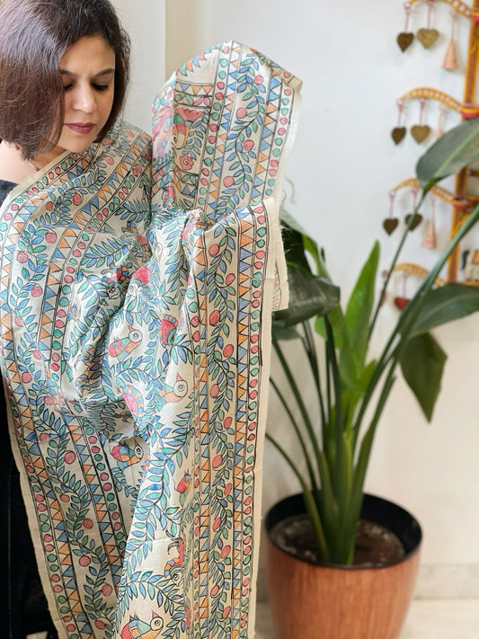 Handpainted Madhubani Dupatta in Pure Tussar Silk - Masakalee