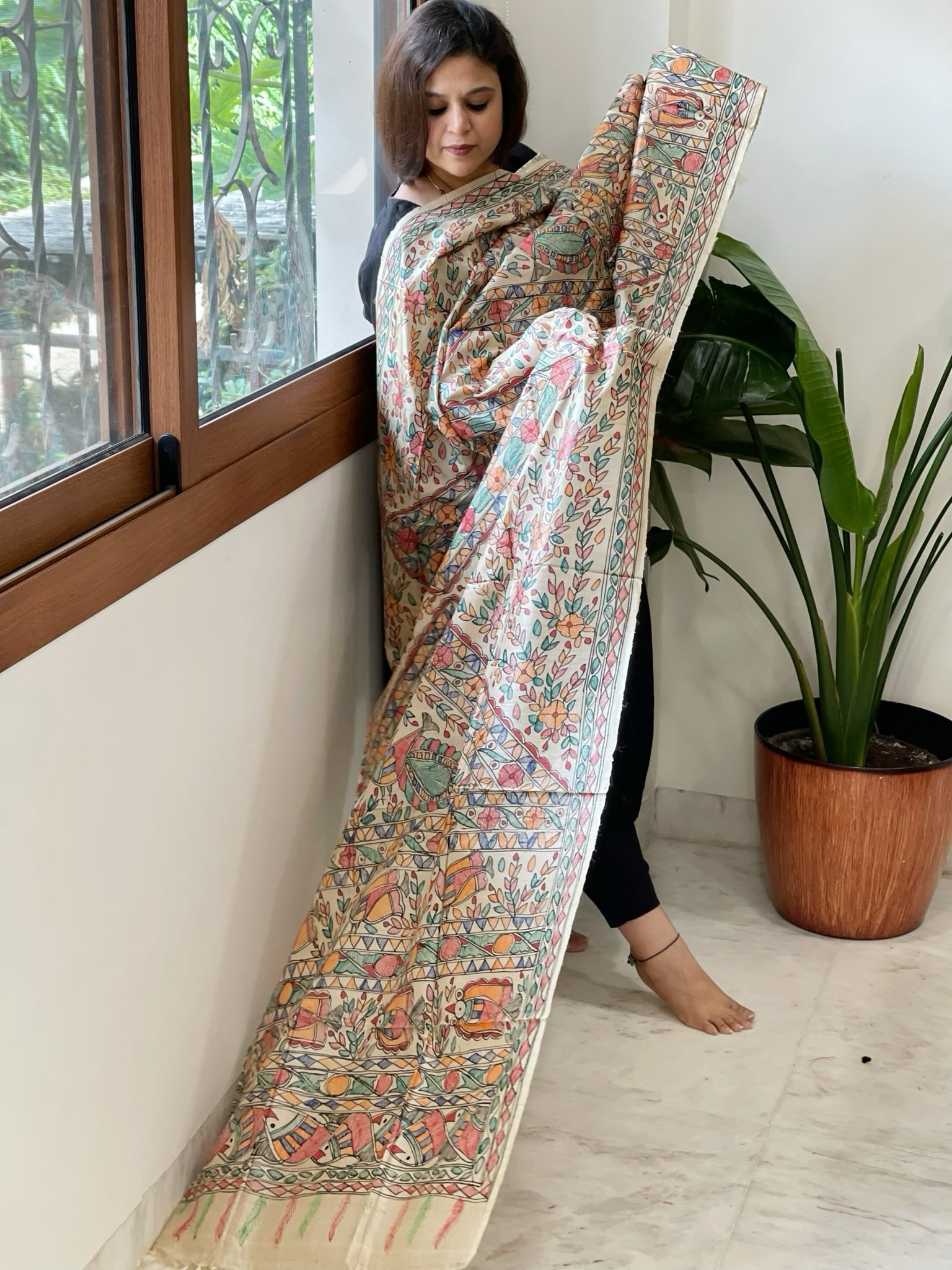 Handpainted Madhubani Dupatta in Pure Tussar Silk - Masakalee