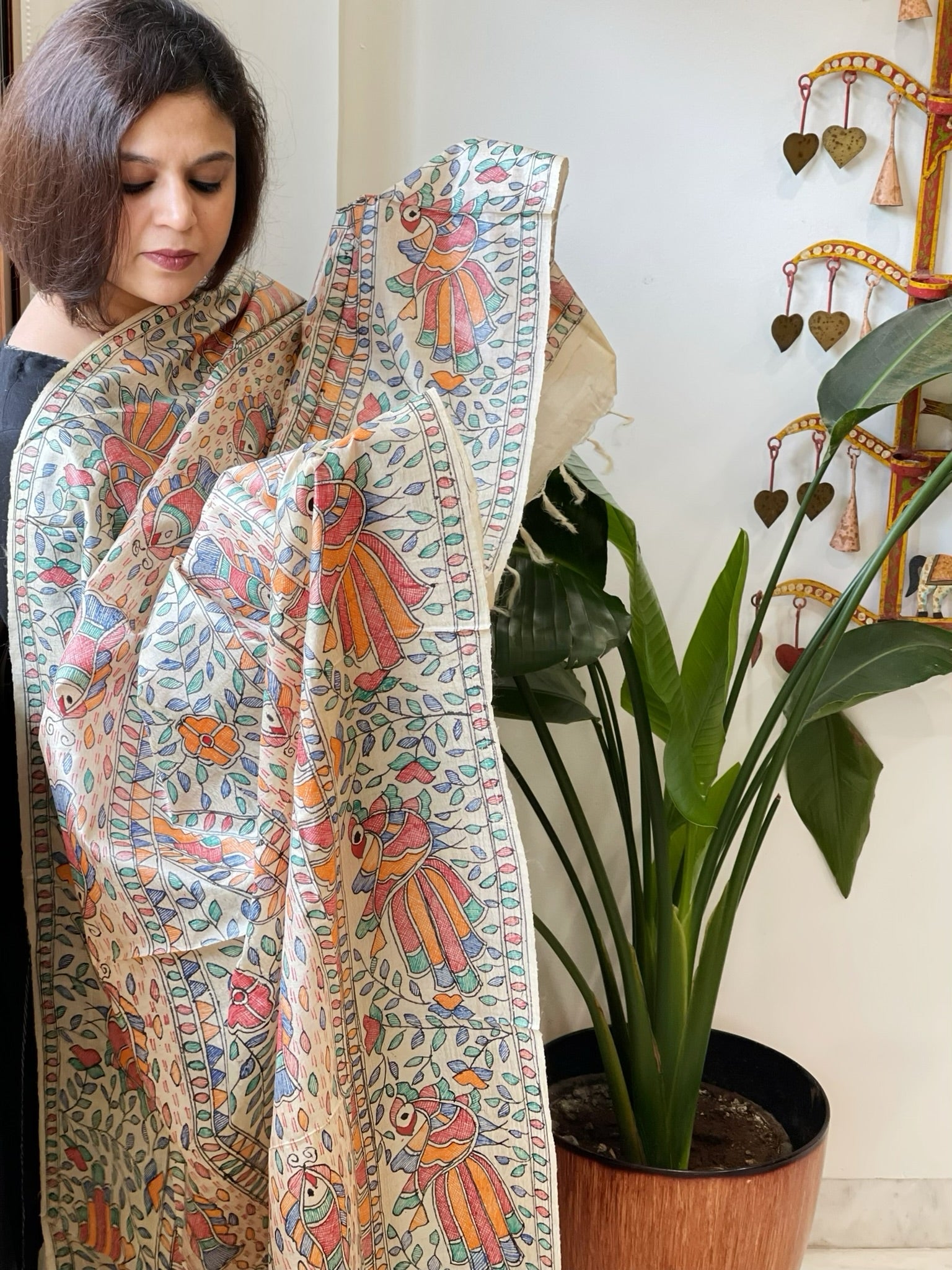 Handpainted Madhubani Dupatta in Pure Tussar Silk - Masakalee
