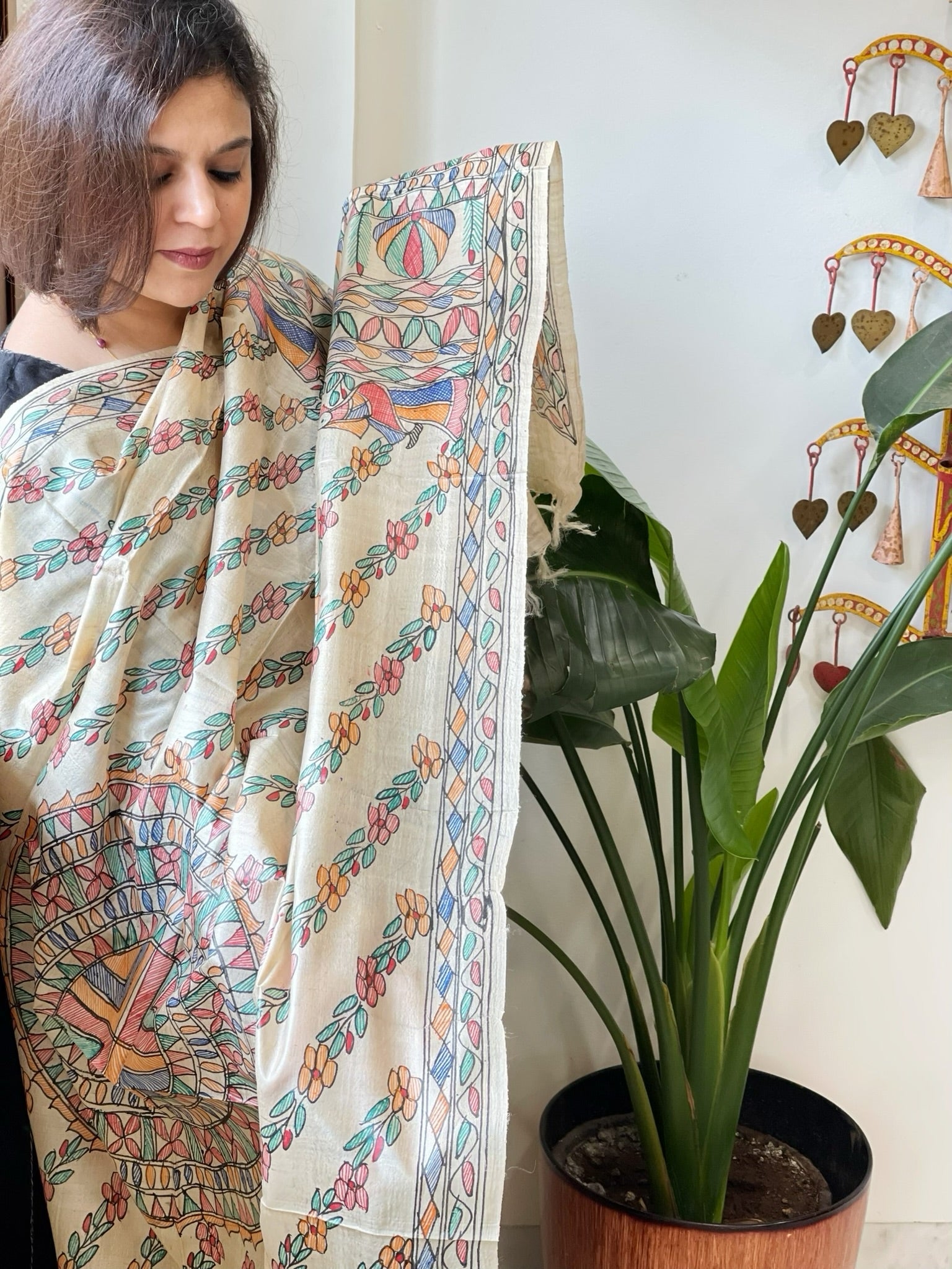 Handpainted Madhubani Dupatta in Pure Tussar Silk - Masakalee