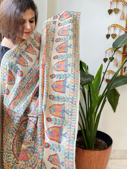 Handpainted Madhubani Dupatta in Pure Tussar Silk - Masakalee