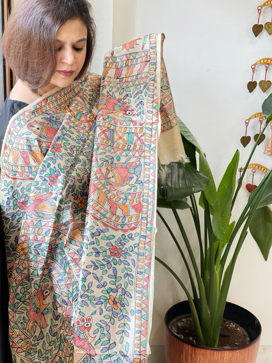 Handpainted Madhubani Dupatta in Pure Tussar Silk - Masakalee