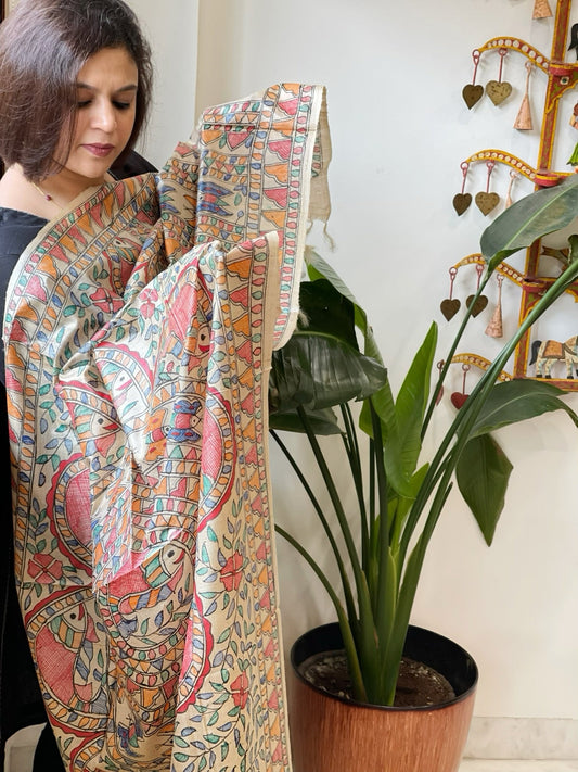 Handpainted Madhubani Dupatta in Pure Tussar Silk - Masakalee