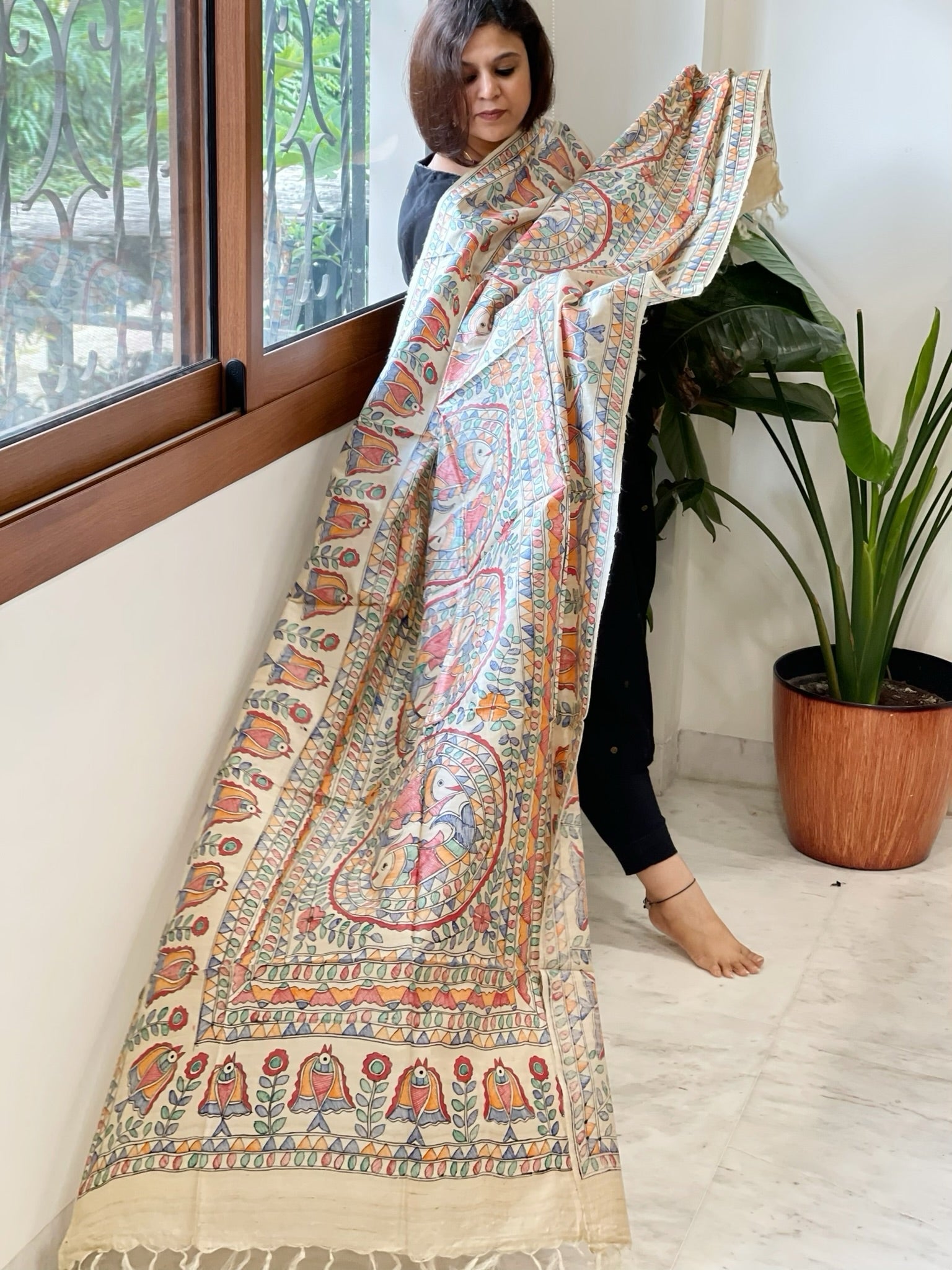 Handpainted Madhubani Dupatta in Pure Tussar Silk - Masakalee