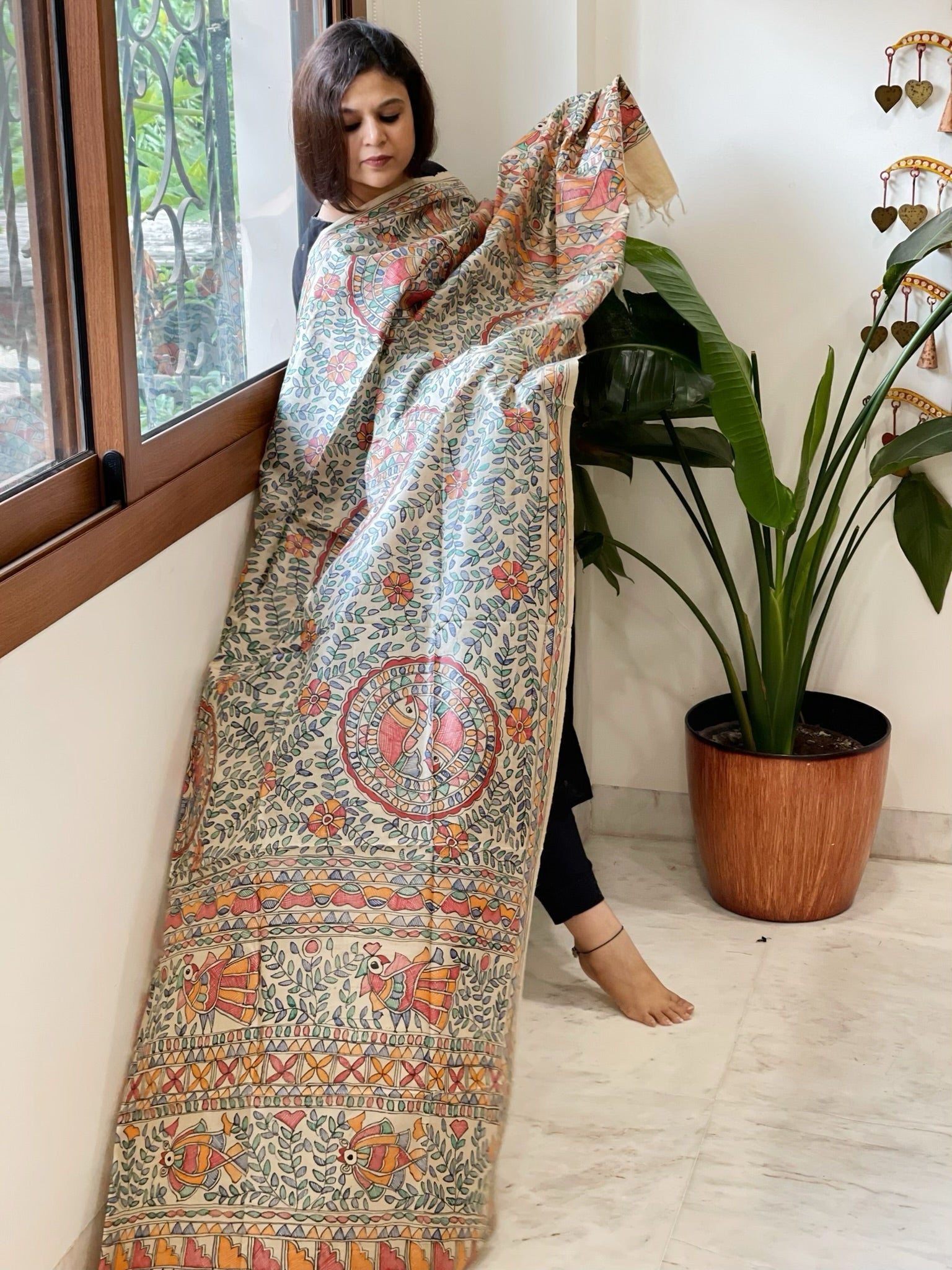 Handpainted Madhubani Dupatta in Pure Tussar Silk - Masakalee