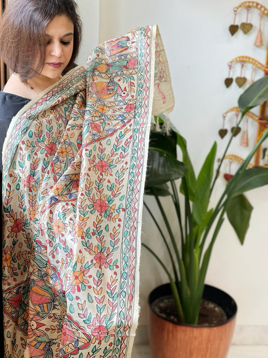 Handpainted Madhubani Dupatta in Pure Tussar Silk - Masakalee