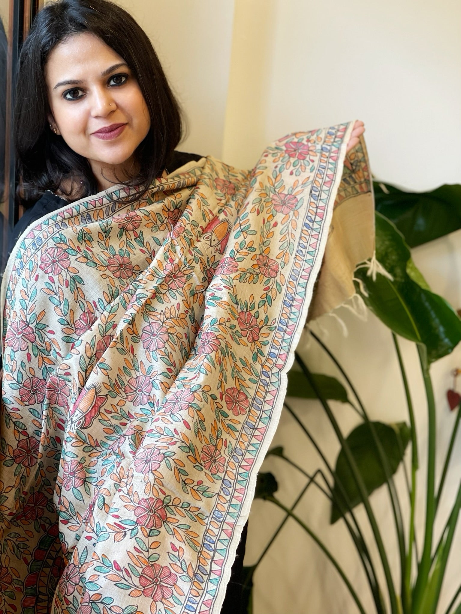 Handpainted Madhubani Dupatta in Pure Tussar Silk - Masakalee