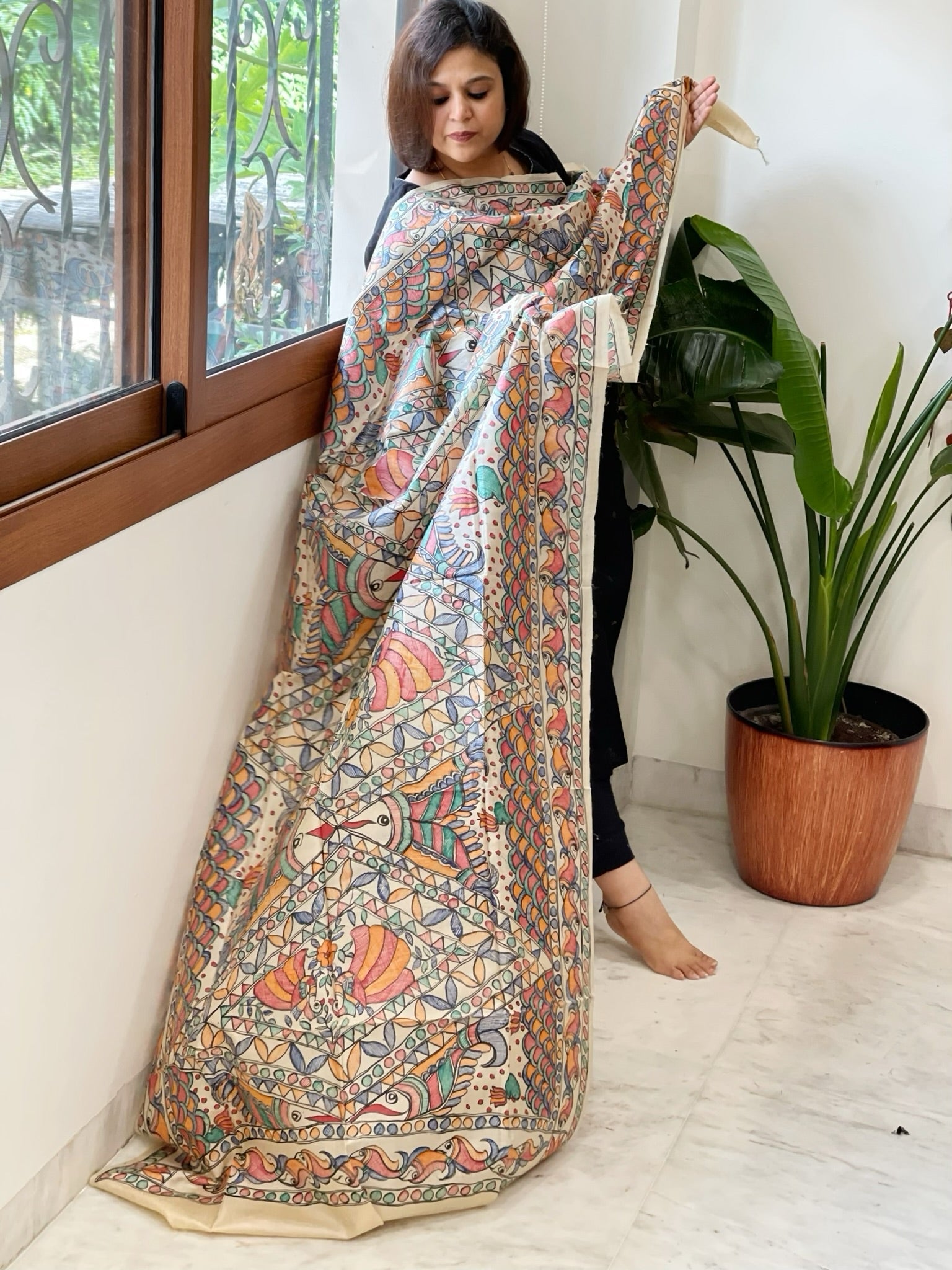Handpainted Madhubani Dupatta in Pure Tussar Silk - Masakalee