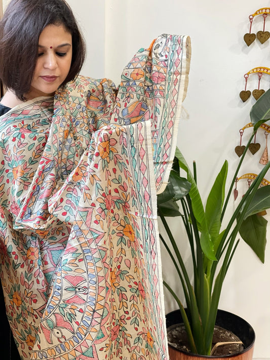 Handpainted Madhubani Dupatta in Pure Tussar Silk - Masakalee