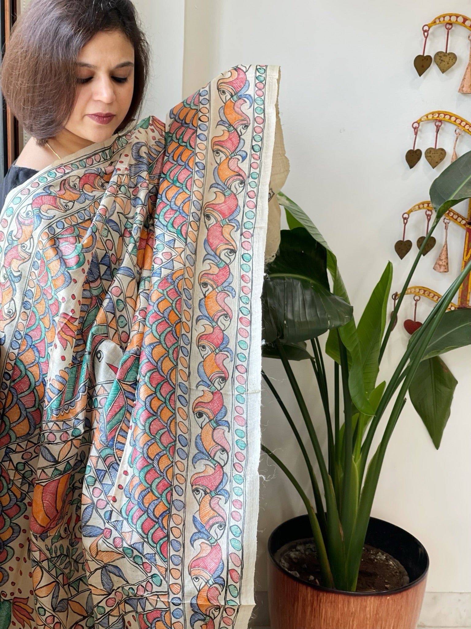 Handpainted Madhubani Dupatta in Pure Tussar Silk - Masakalee