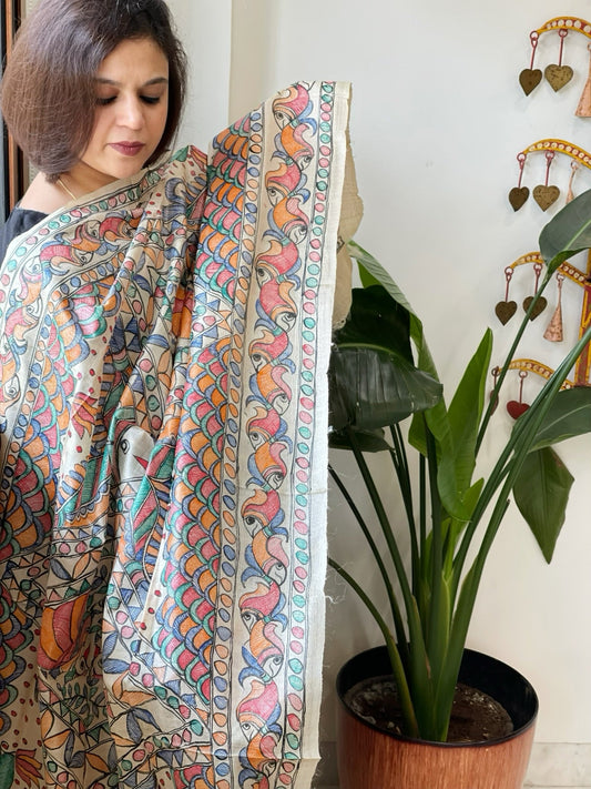 Handpainted Madhubani Dupatta in Pure Tussar Silk - Masakalee