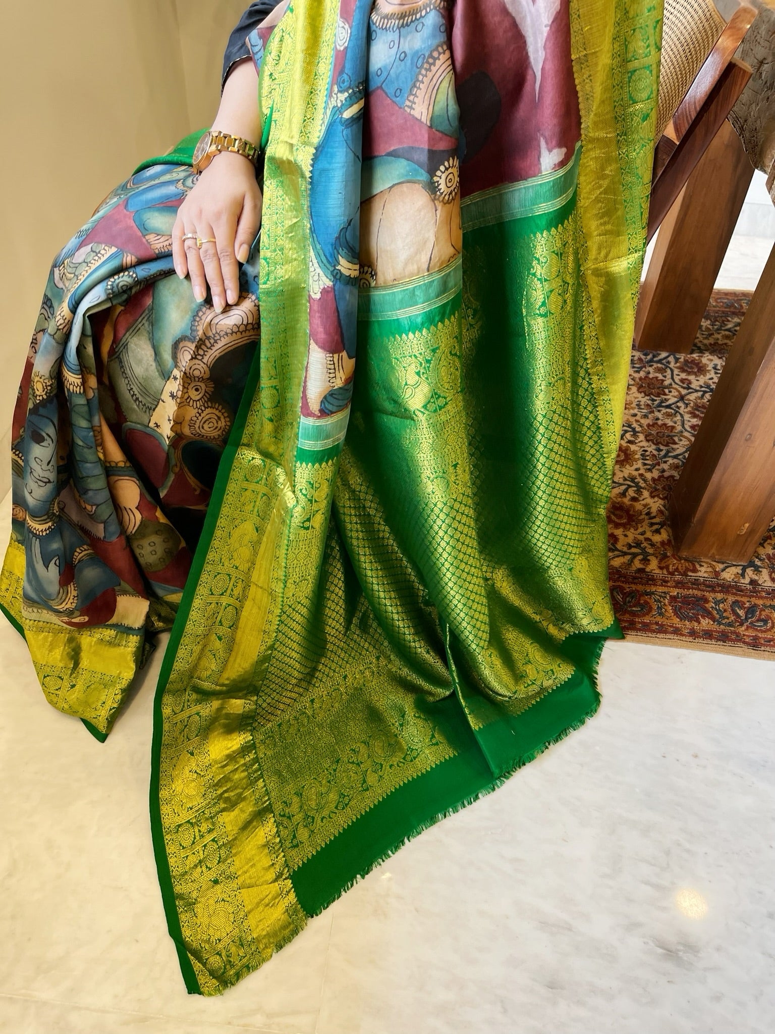 Handpainted Ramayana Theme Kalamkari Saree with Kanchipuram Pattu Border & Pallu in Pure Tussar Silk - Masakalee