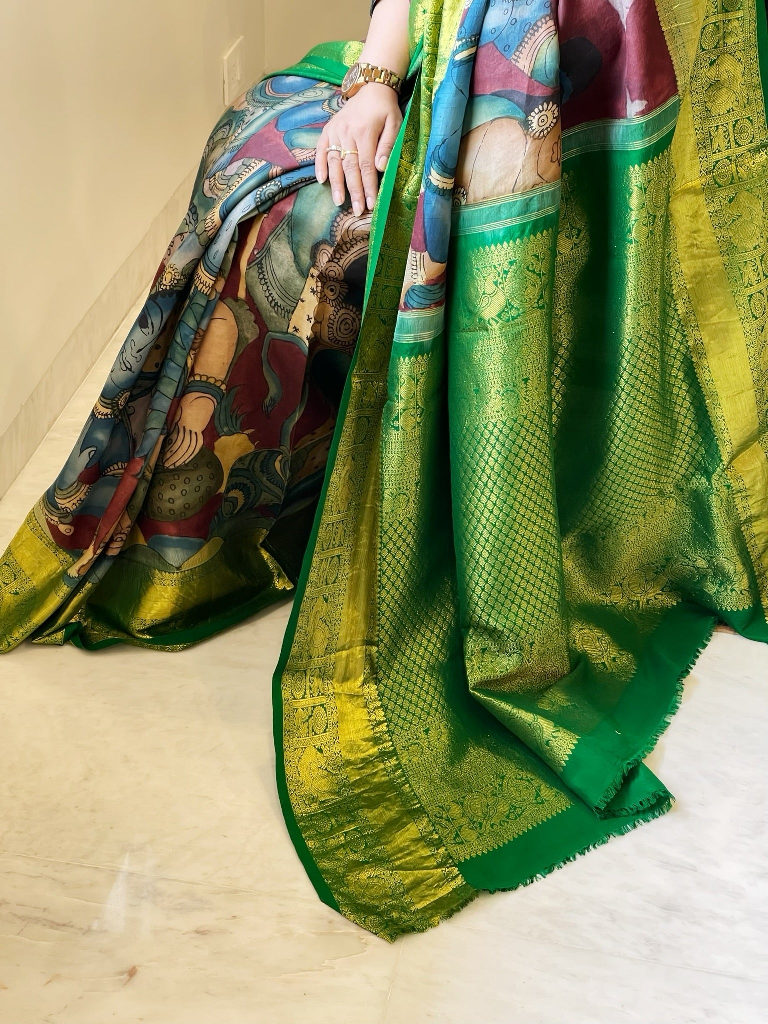 Handpainted Ramayana Theme Kalamkari Saree with Kanchipuram Pattu Border & Pallu in Pure Tussar Silk - Masakalee