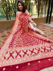 Handwoven Bareek Bandhani dupatta with Dabka Handwork in Pure Gajji silk - Masakalee