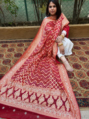 Handwoven Bareek Bandhani dupatta with Dabka Handwork in Pure Gajji silk - Masakalee