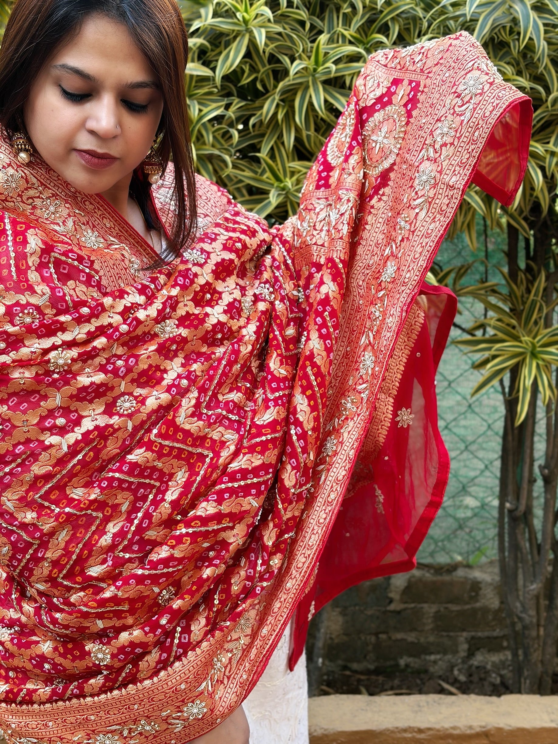 Handwoven Bareek Bandhani dupatta with Dabka Handwork in Pure Gajji silk - Masakalee