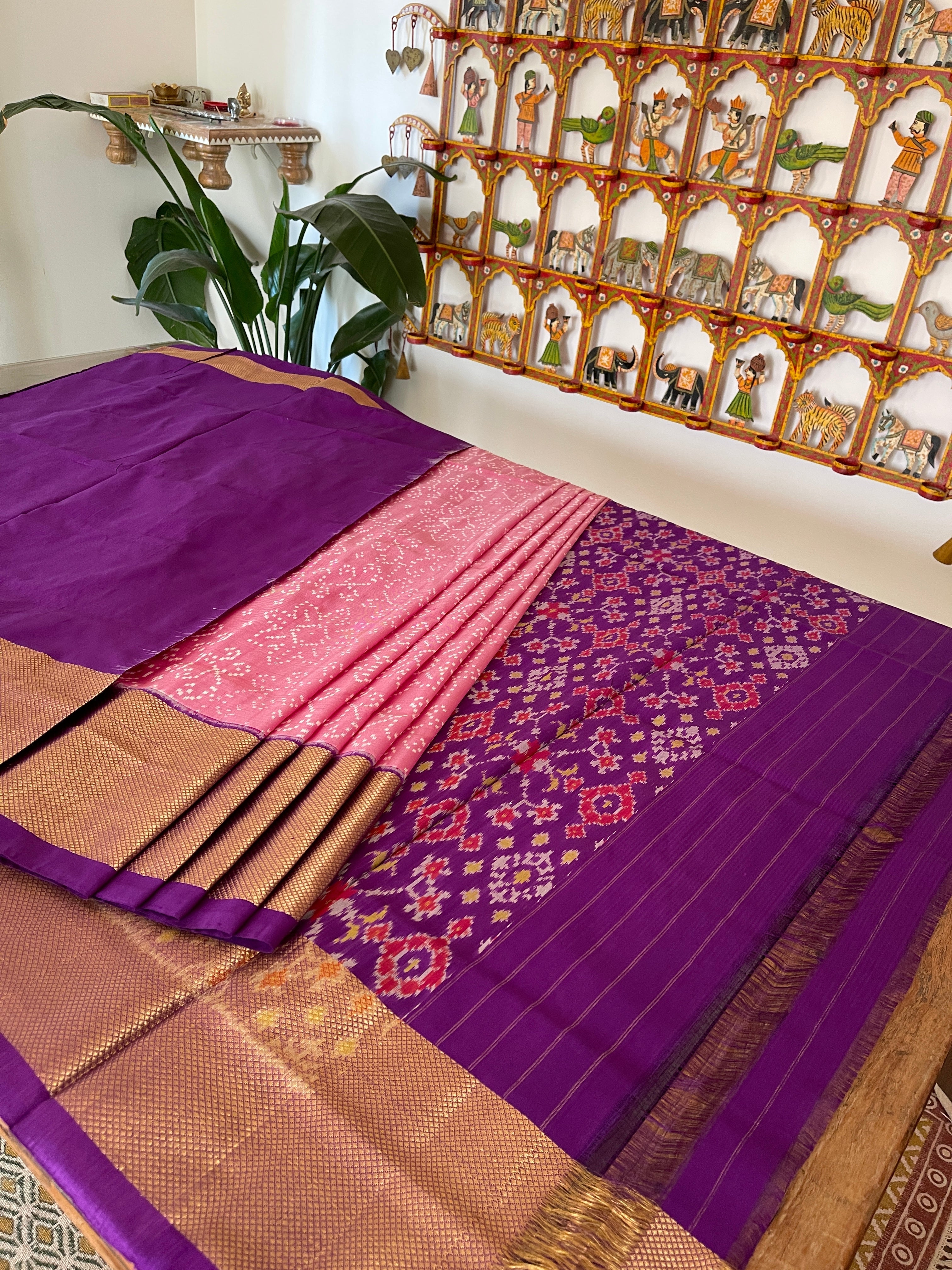 Handwoven Ikat Bandhej Design Saree with Patola Design Pallu in Pure Silk - Masakalee