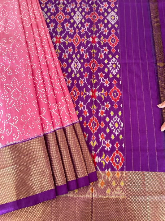 Handwoven Ikat Bandhej Design Saree with Patola Design Pallu in Pure Silk - Masakalee