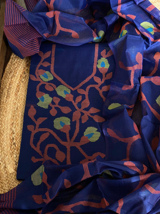 Handwoven Jamdani Dupatta Set (Kurta Fabric+Dupatta) in Pure Muslin - Masakalee
