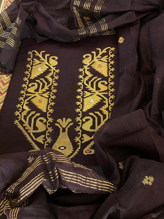Handwoven Jamdani Dupatta Set (Kurta Fabric+Dupatta) in Pure Muslin Cotton - Masakalee