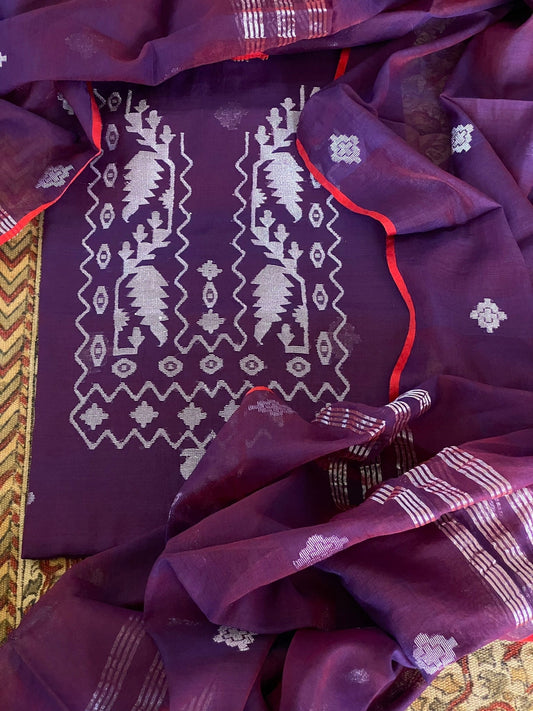 Handwoven Jamdani Dupatta Set (Kurta Fabric+Dupatta) in Pure Muslin Cotton - Masakalee