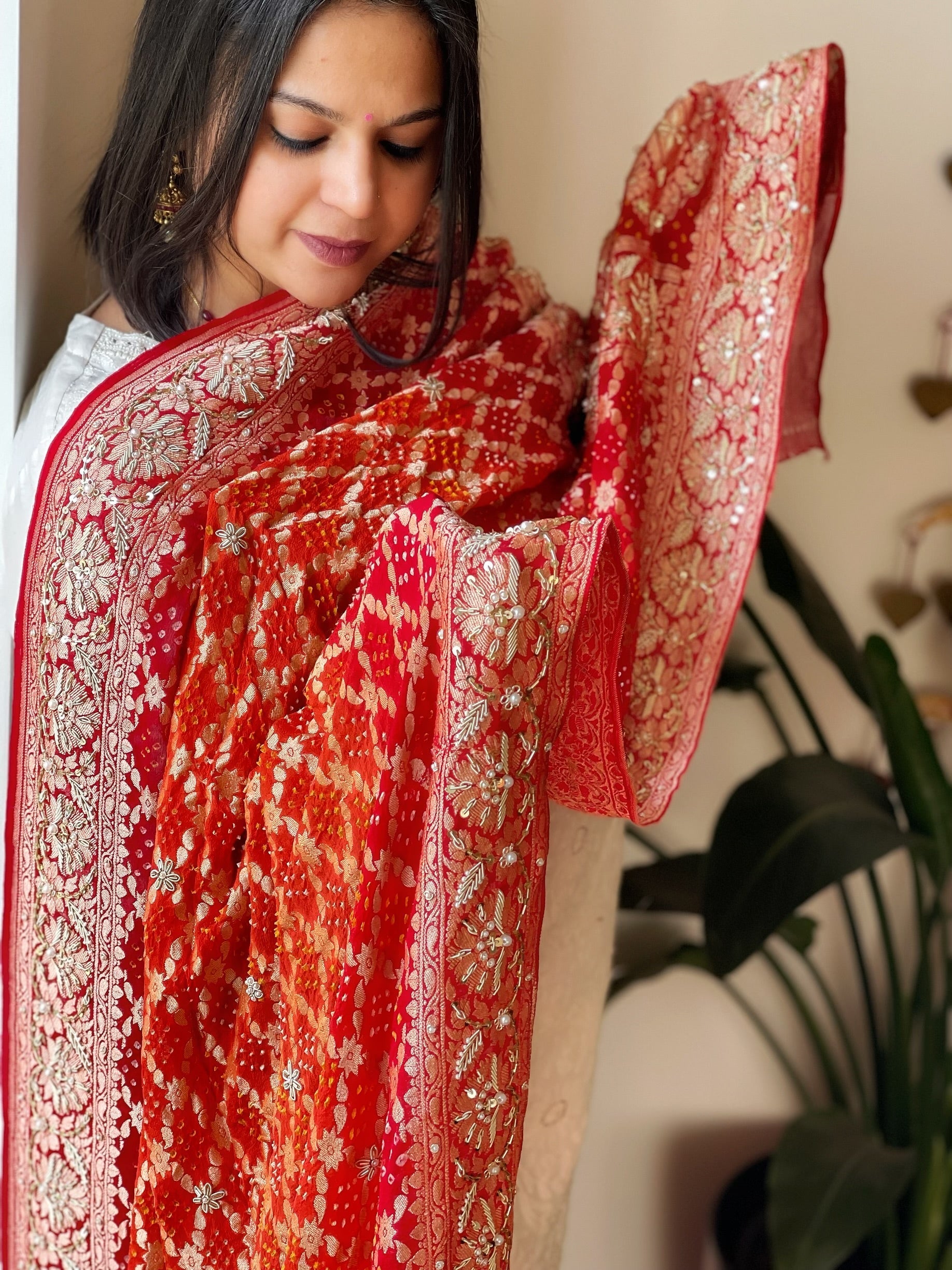 Handwoven NeemZari Bareek Bandhani with Dabka Handwork in Pure Georgette - Masakalee