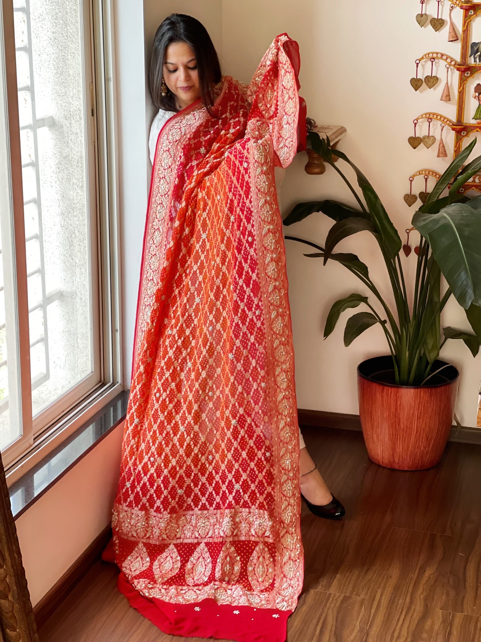 Handwoven NeemZari Bareek Bandhani with Dabka Handwork in Pure Georgette - Masakalee