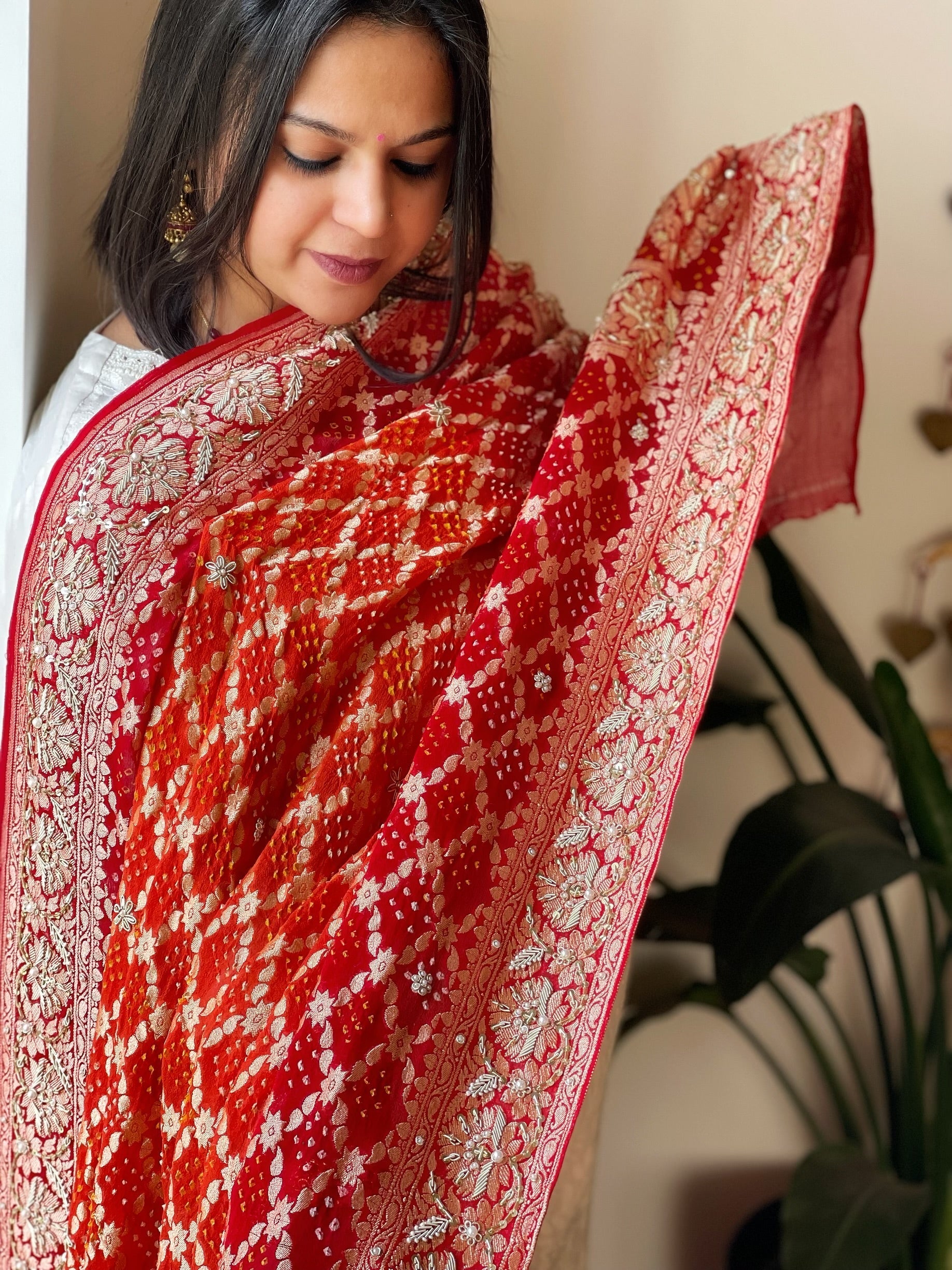 Handwoven NeemZari Bareek Bandhani with Dabka Handwork in Pure Georgette - Masakalee