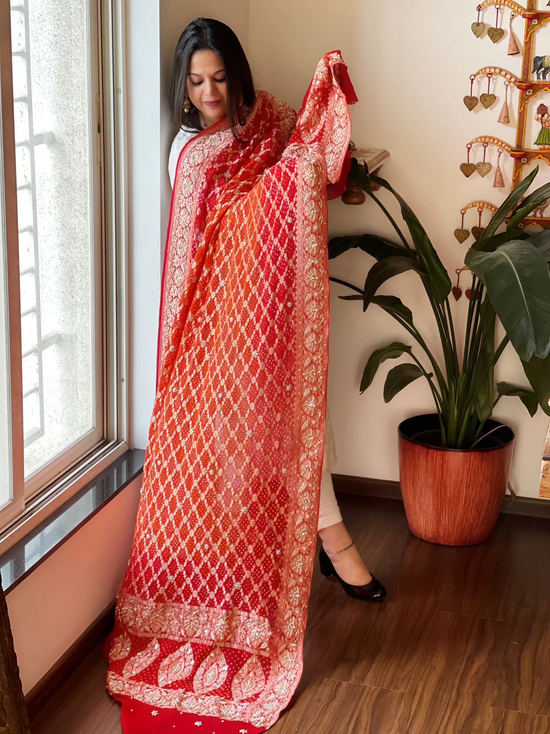 Handwoven NeemZari Bareek Bandhani with Dabka Handwork in Pure Georgette - Masakalee