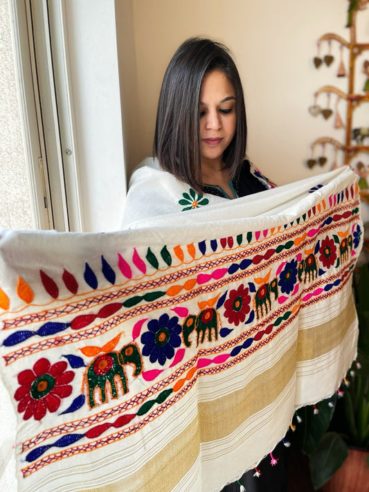 Handwoven Woollen Shawl with Hand Embroidery - Masakalee