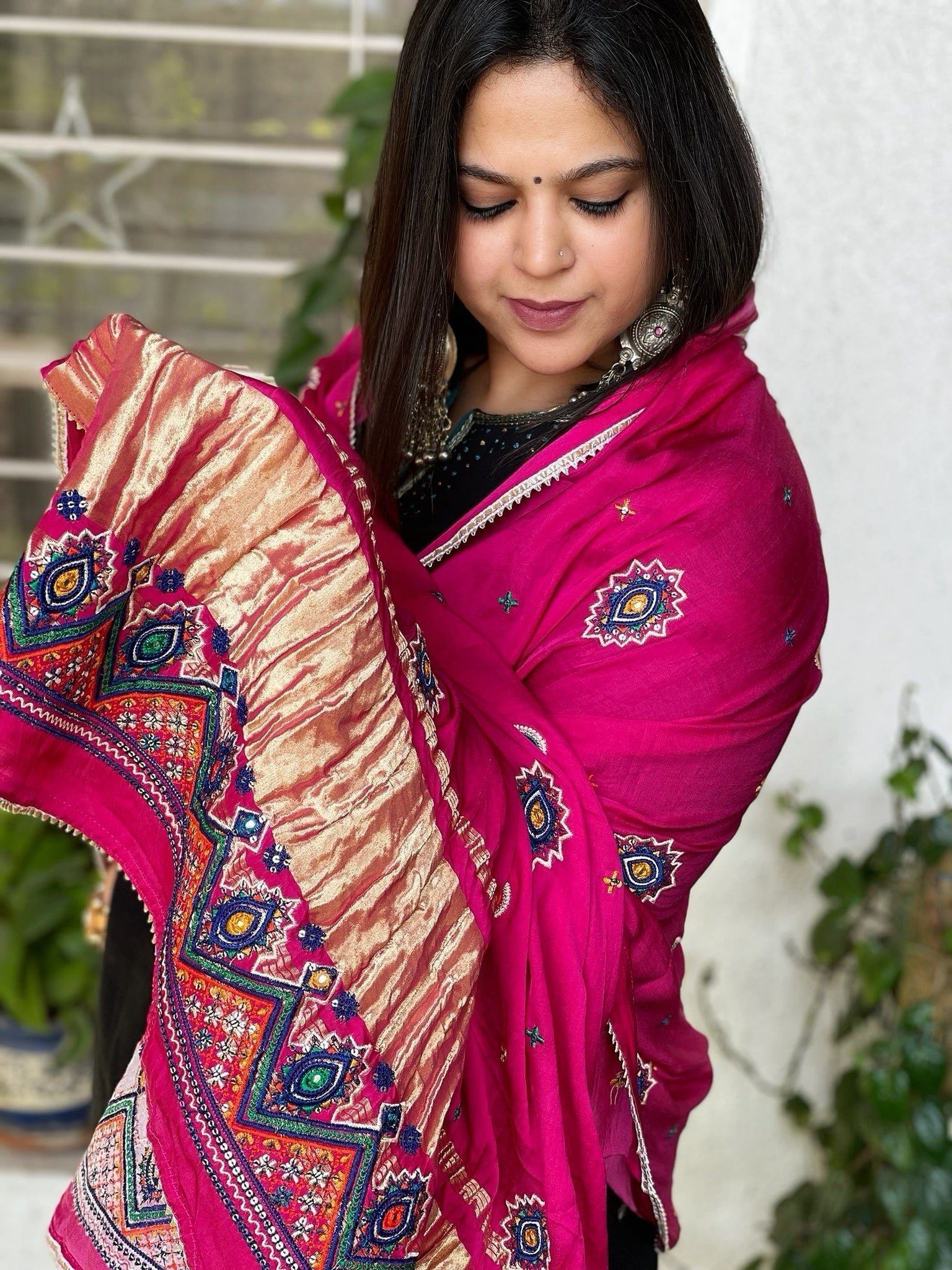 Heavy Kutchi Embroidery Dupatta with Zari Pallu in Modal Silk - Masakalee