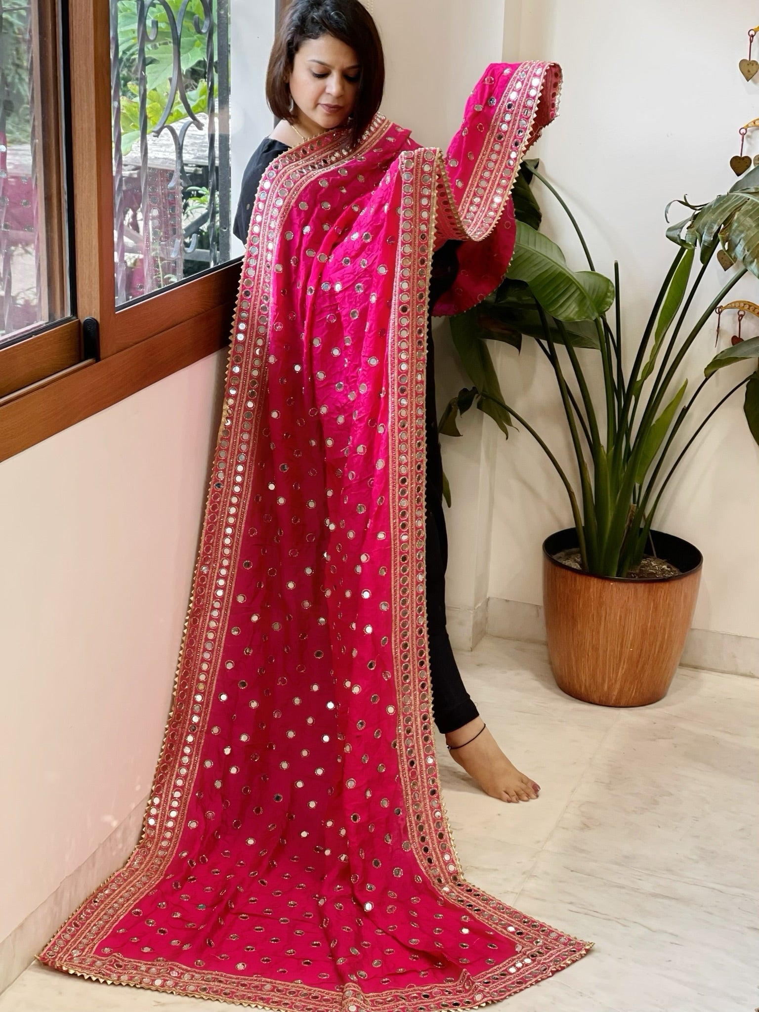 Hot Pink Crepe Dupatta with Mirror and Cut Daana Work with Gota Lace Border - Masakalee