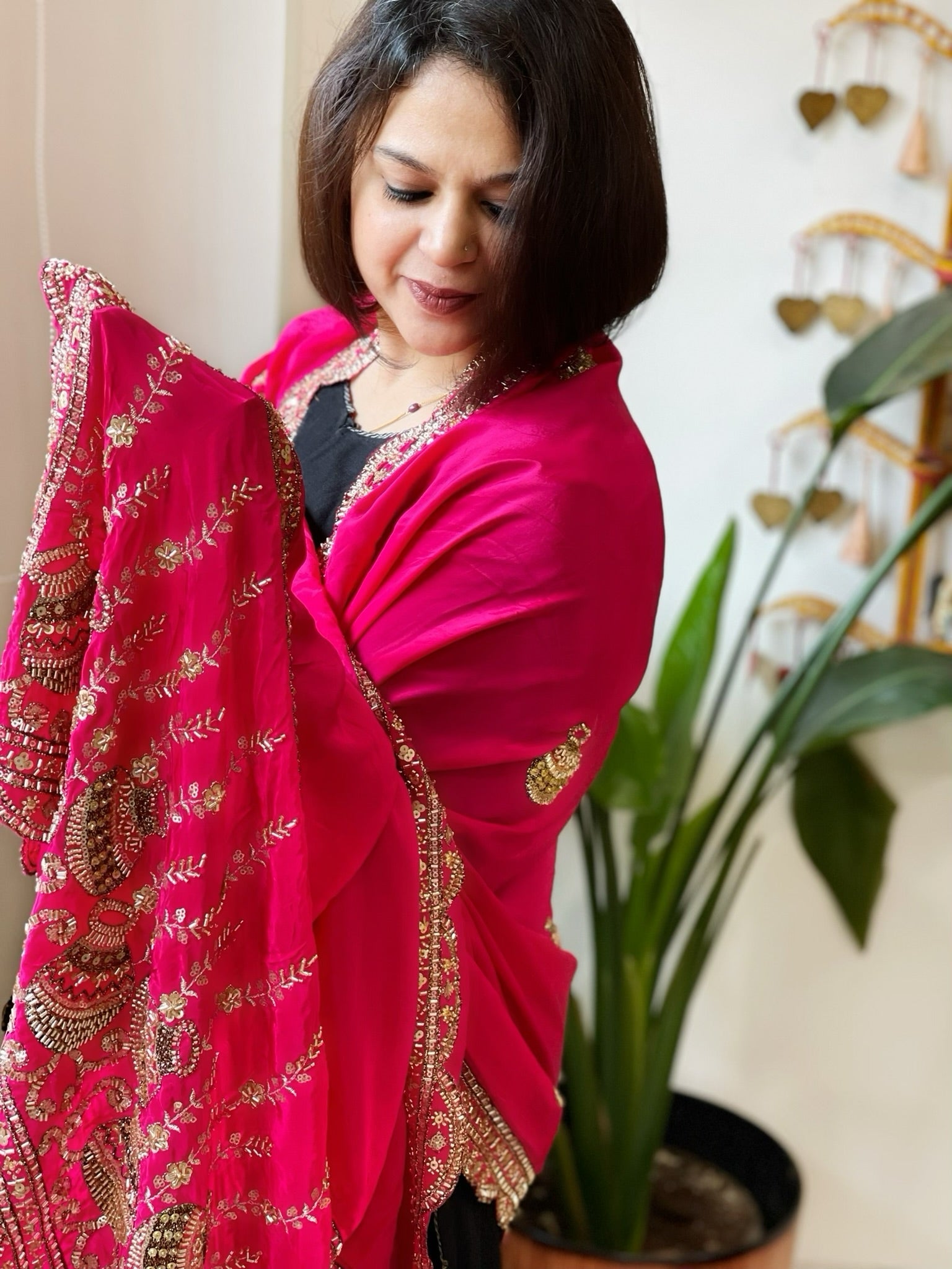 Hot Pink Crepe Dupatta with Pearl, Cut Daana, Gold Thread & Sequin Embroidery - Masakalee