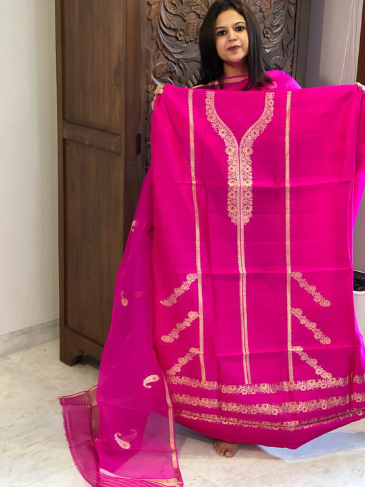 Hot Pink Designer Banarasi Suit Set in Pure Silk - Masakalee