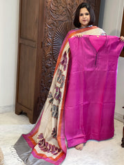 Hot Pink Dupatta Set (Kurta+Dupatta) with Handblock Print in Pure Tussar Silk - Masakalee