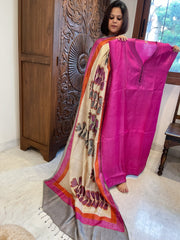 Hot Pink Dupatta Set (Kurta+Dupatta) with Handblock Print in Pure Tussar Silk - Masakalee