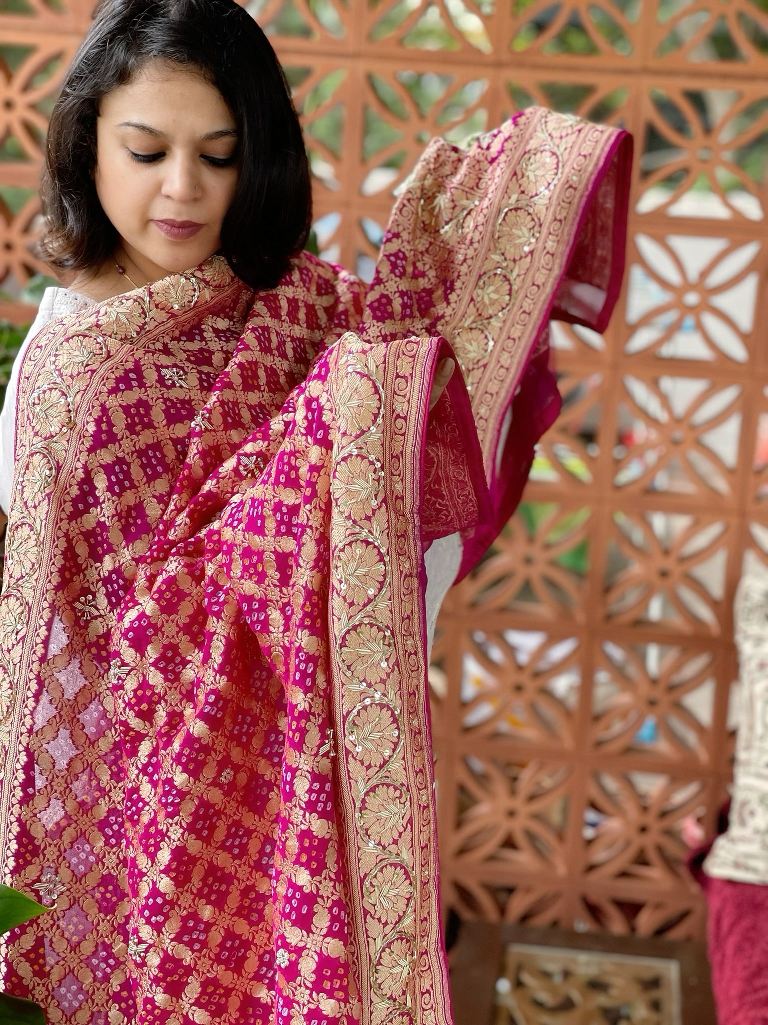 Hot Pink Handwoven NeemZari Bareek Bandhani with Dabka Handwork in Pure Georgette - Masakalee